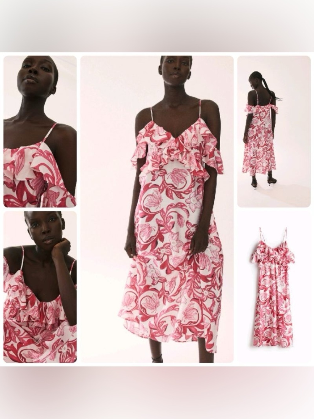H&M Pink & White Floral Ruffle Midi Dress XS